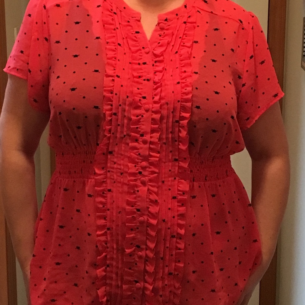 Sheer, pink, ruffled blouse with cat polka dots